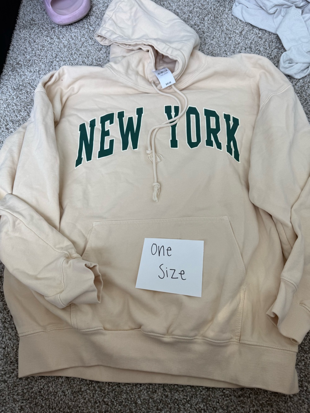 Brandy Melville Cream Hoodie with Green New York Arch